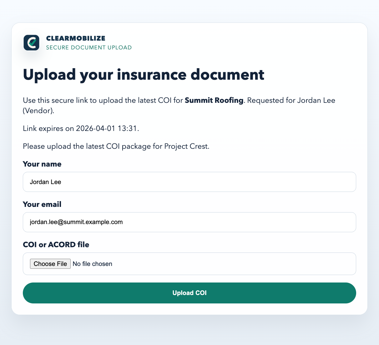 No-login public upload page for Summit Roofing showing the secure COI submission form.