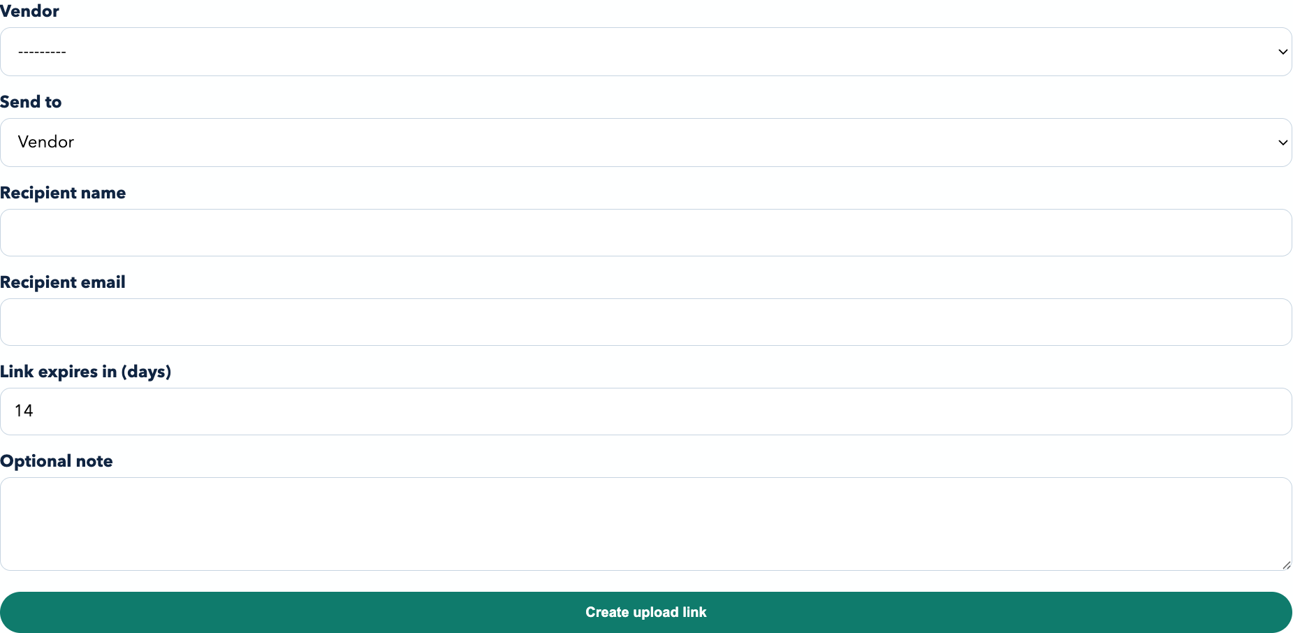 Document request form used to create a fresh upload link for the next vendor follow-up.